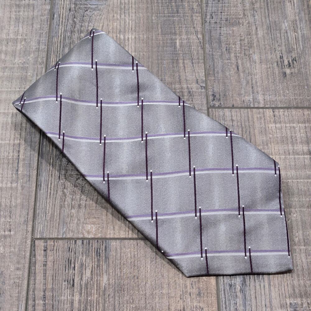 Burma and Bibas Mens Silk Tie Gray Silver Purple‎ Stripe Classic